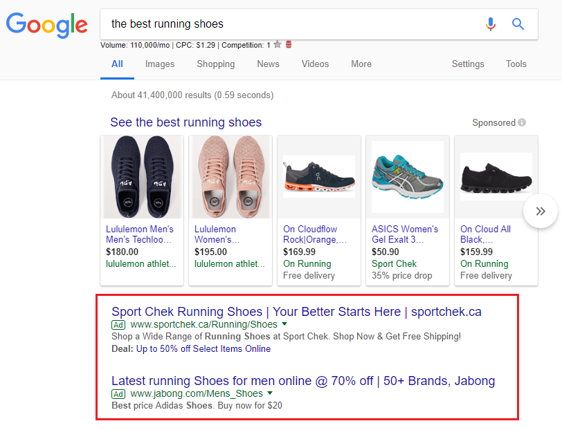Google Ads product listings for an online store